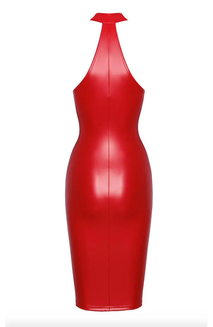 Red wet look bodycon halter dress - Forbidden Desire