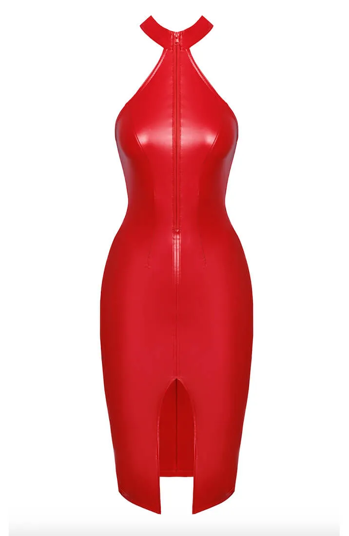 Red wet look bodycon halter dress - Forbidden Desire