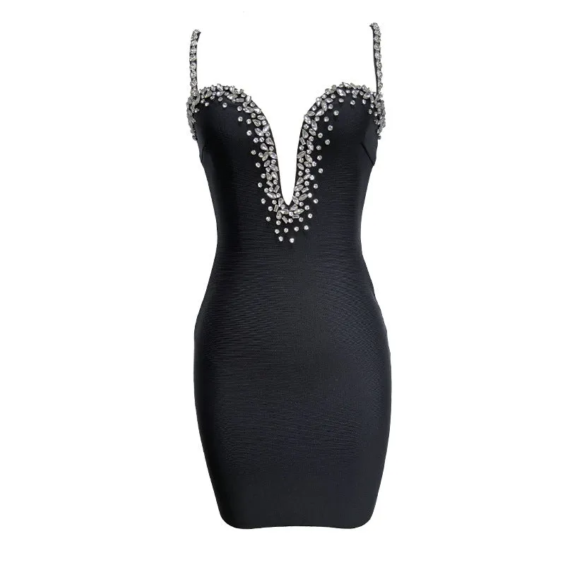 Rhinestone Detail V-Neck Cami Bodycon Dress