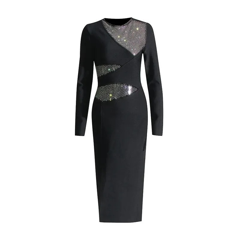 Rhinestone Mesh Insert Long Sleeved Midi Dress