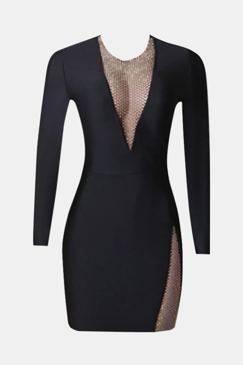 Rhinestone Spliced Mesh Long Sleeve Bodycon Dress