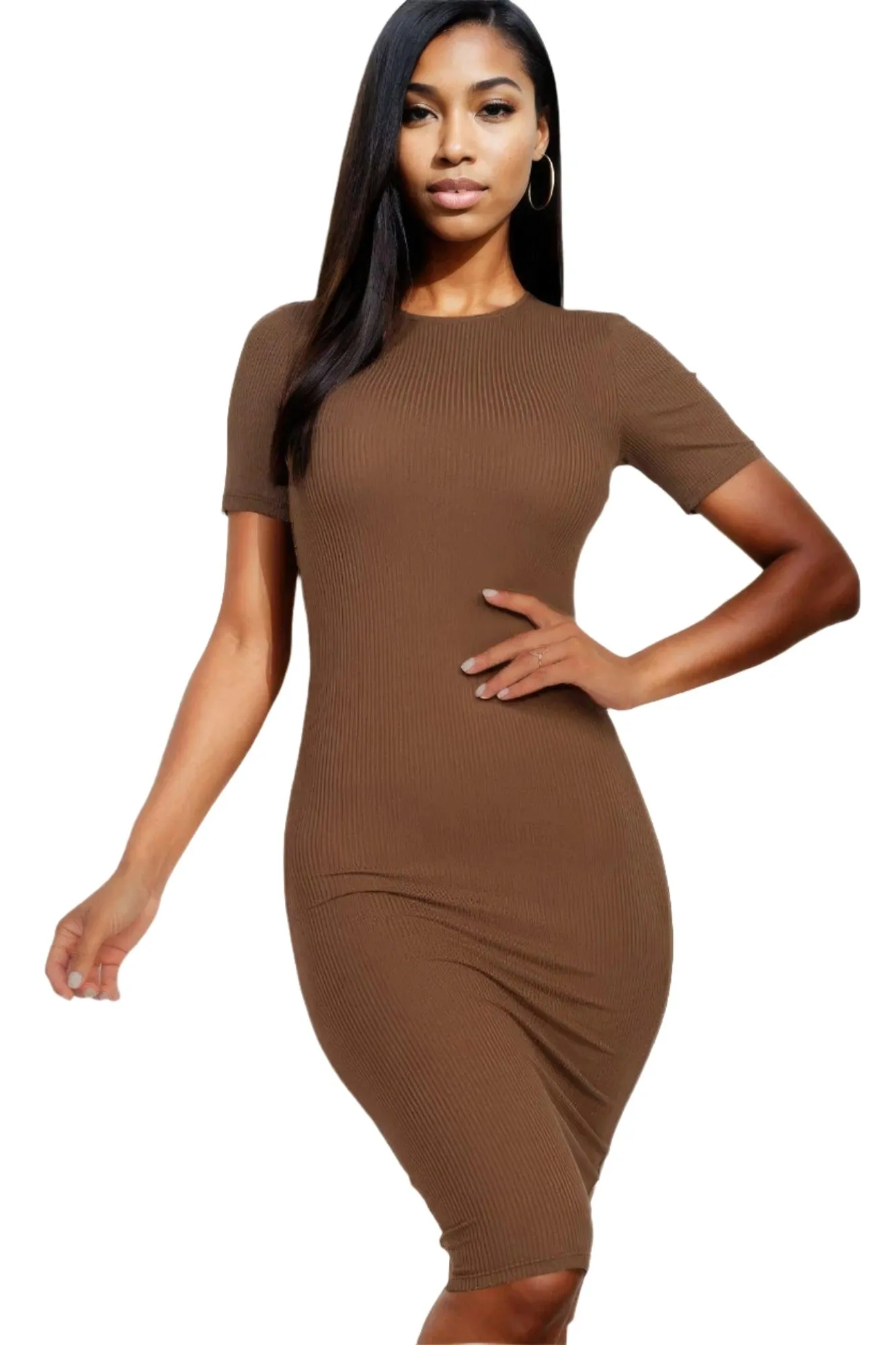 Ribbed Bodycon Midi Dress - Brown