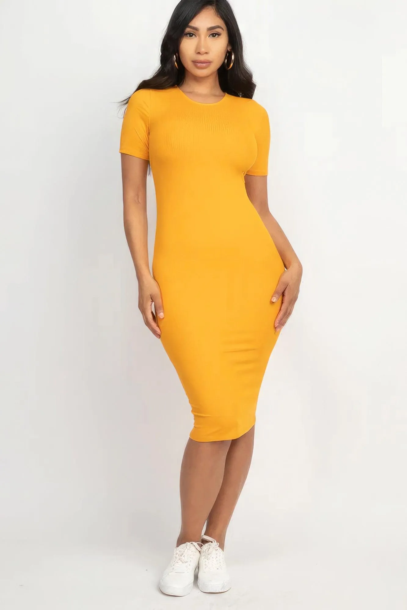 Ribbed Bodycon Midi Dress - Gold