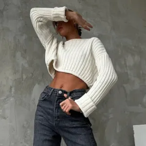 Ribbed Knit Crewneck Cotton Crop Sweater