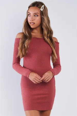 Ribbed Long Sleeve Mini Length Off The Shoulder Dress