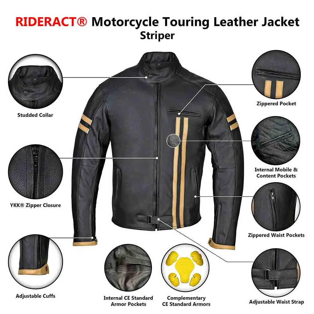 RIDERACT® Men Leather Motorcycle Jacket Striper Moto Jacket