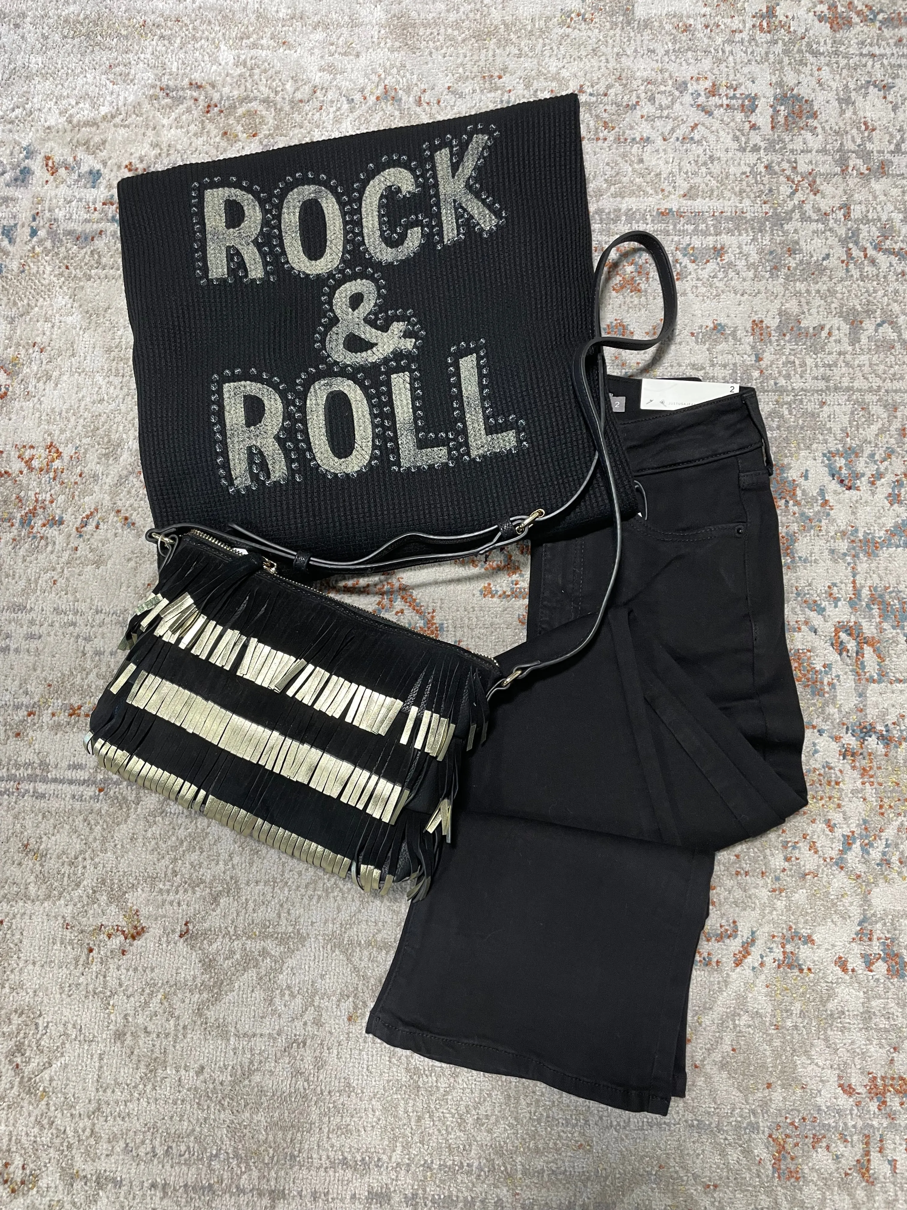 Rock & Roll Vintage Black Oversized Graphic Thermal Pullover Sweater