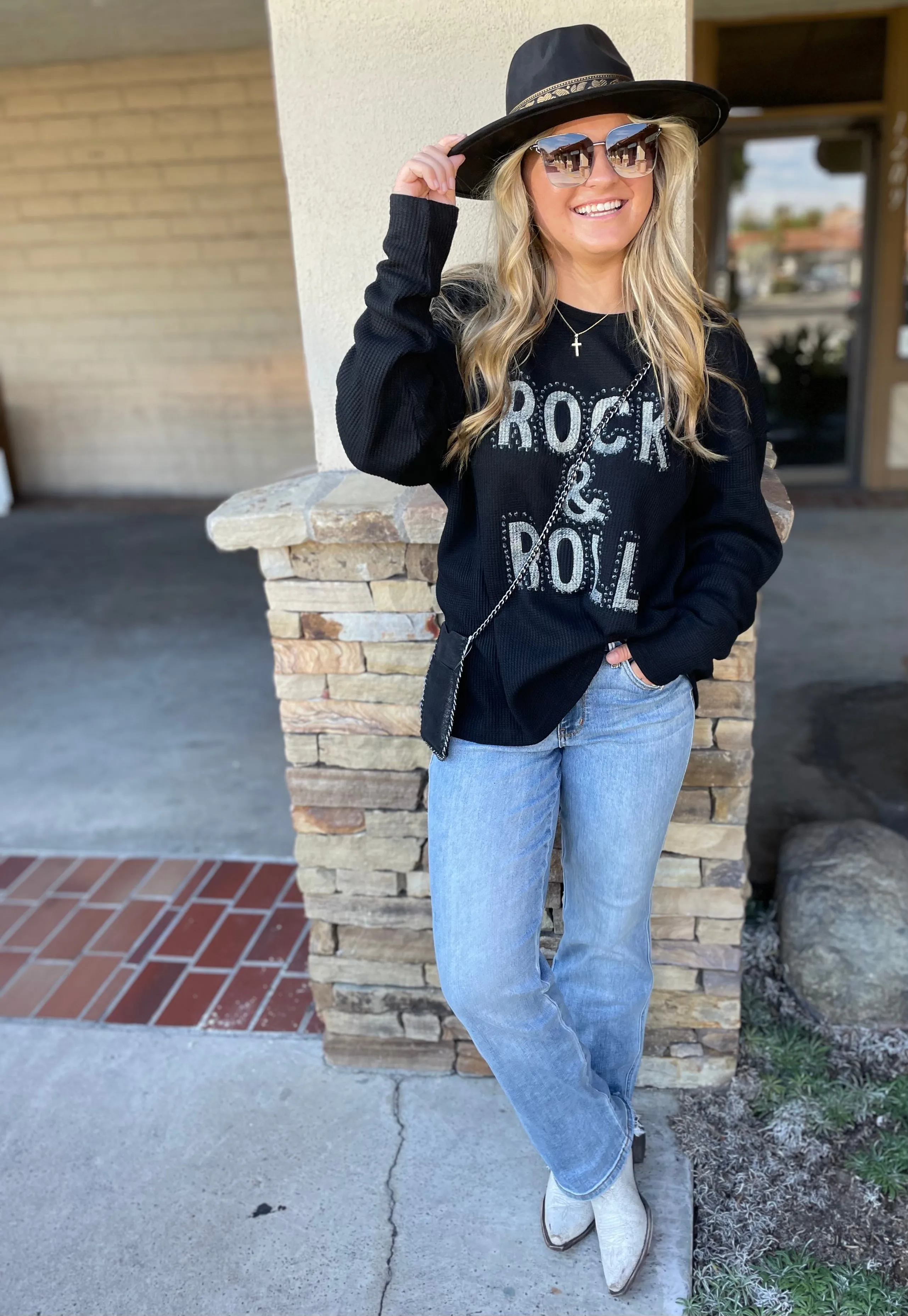 Rock & Roll Vintage Black Oversized Graphic Thermal Pullover Sweater