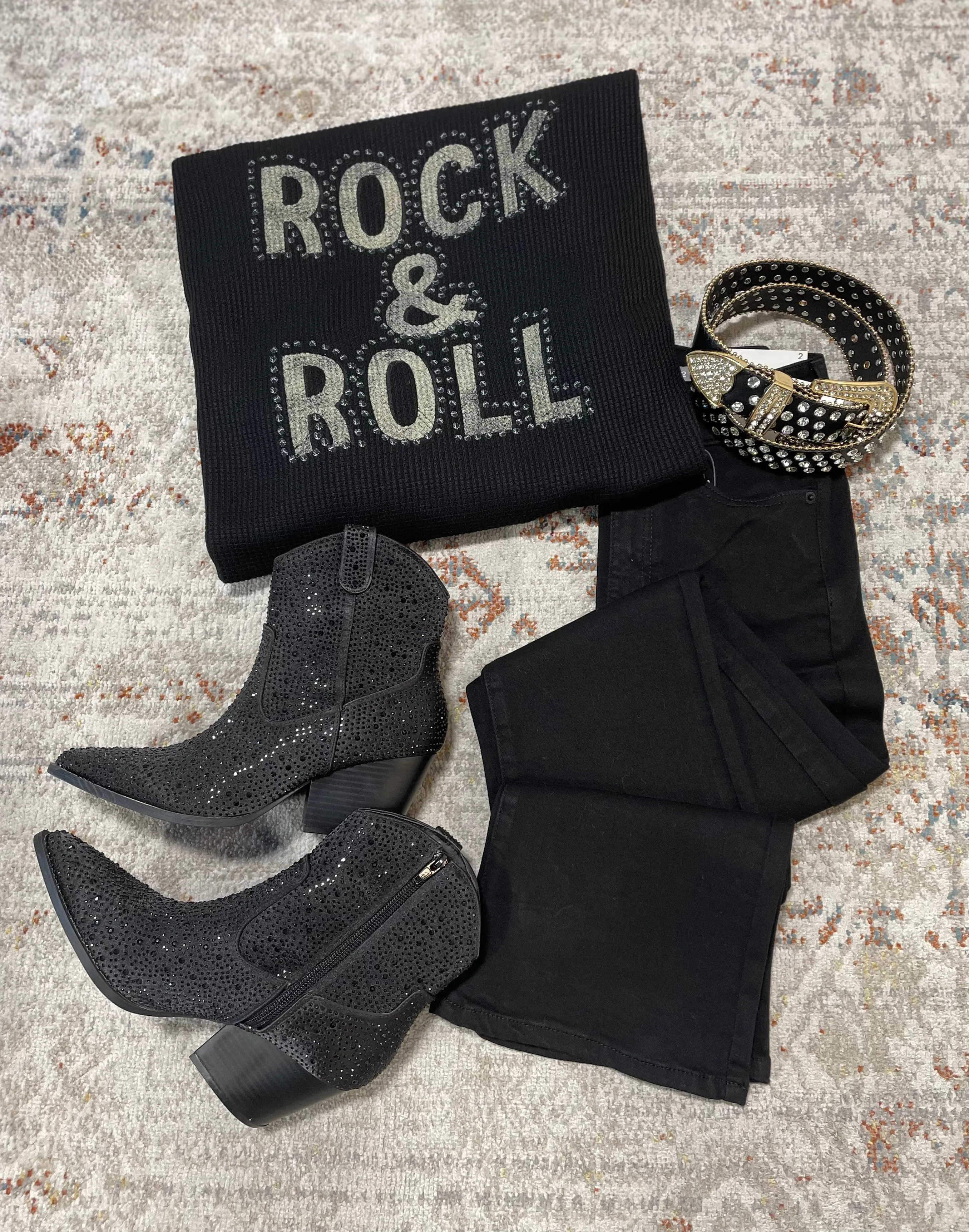 Rock & Roll Vintage Black Oversized Graphic Thermal Pullover Sweater