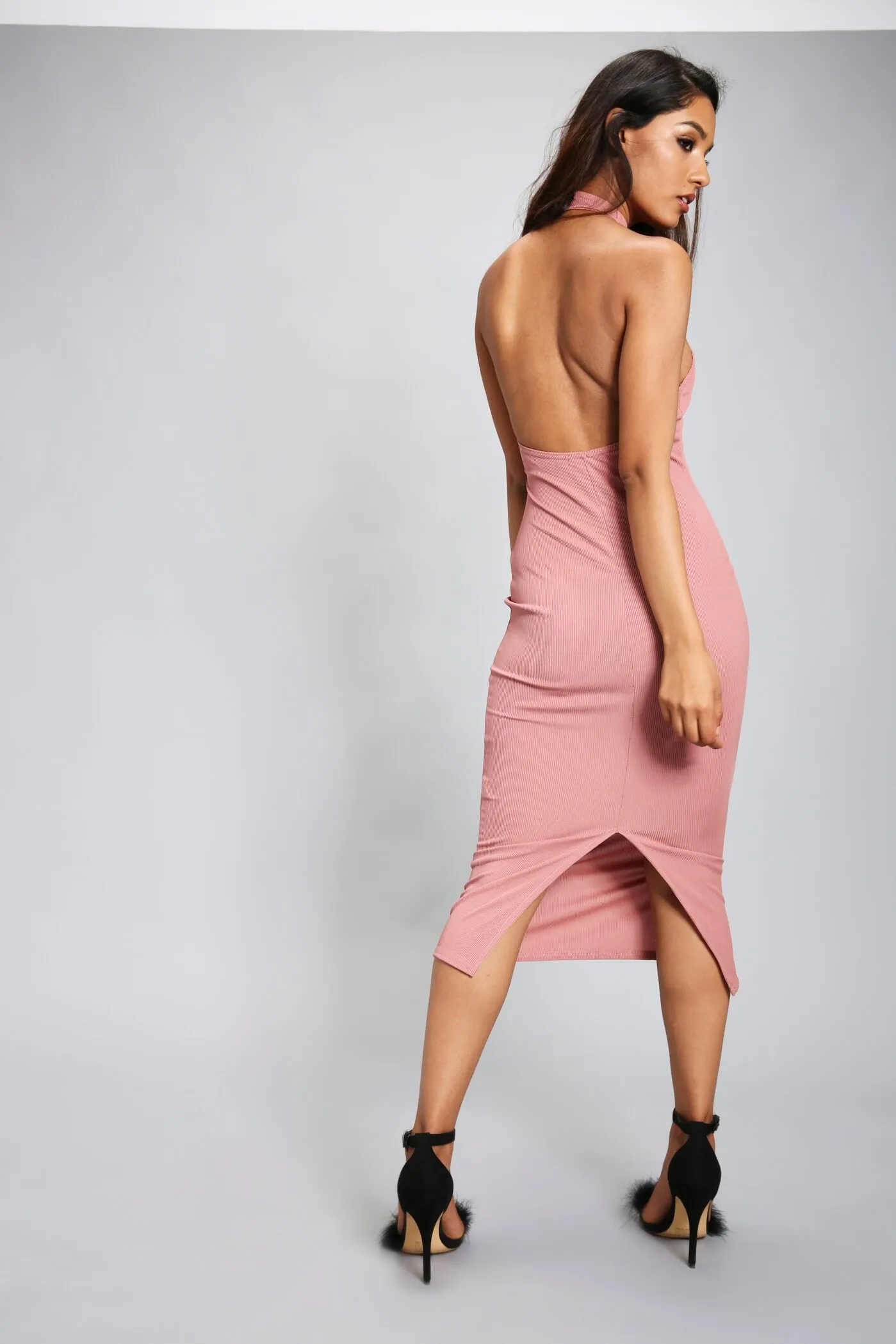 Rose High Neck Backless Midi Dress