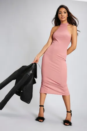 Rose High Neck Backless Midi Dress