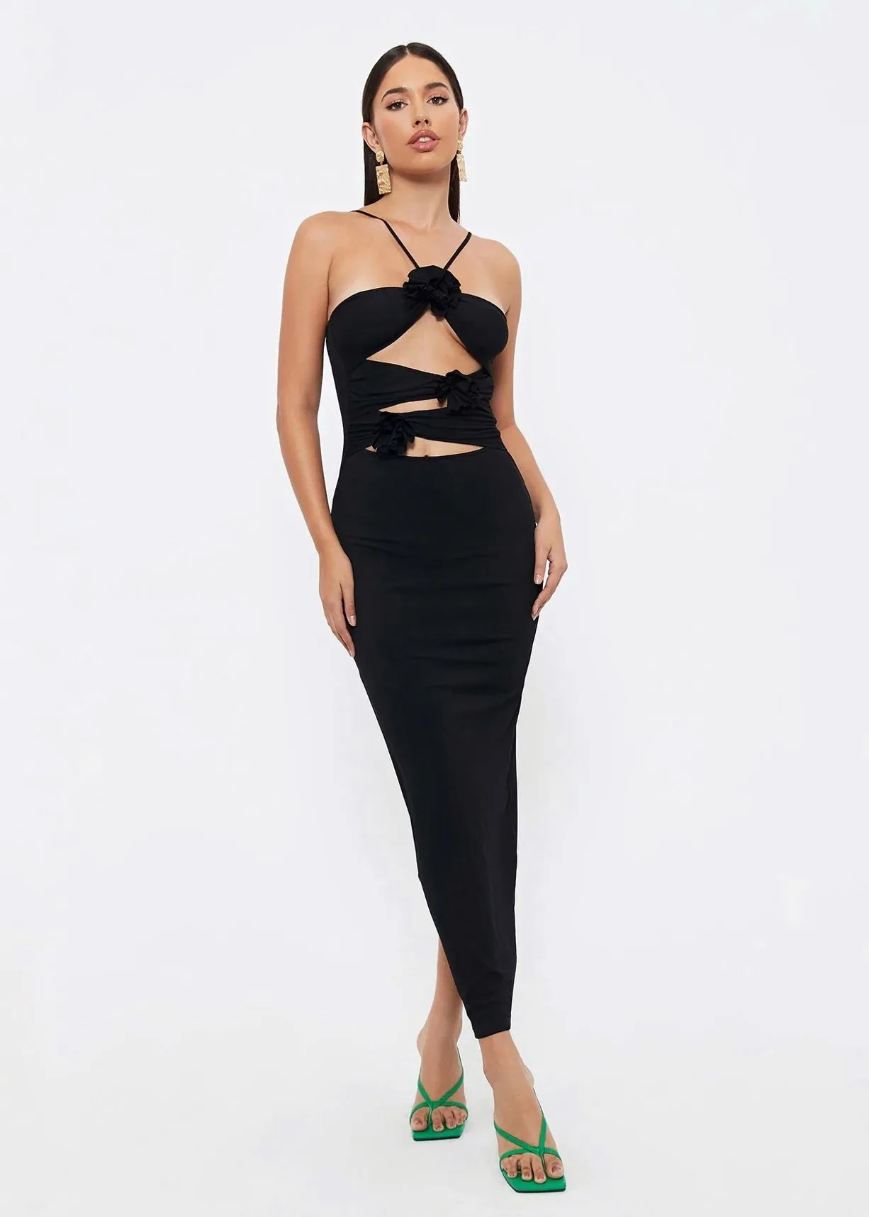 Rosette Cut Out Front Halter Neck Bodycon Dress