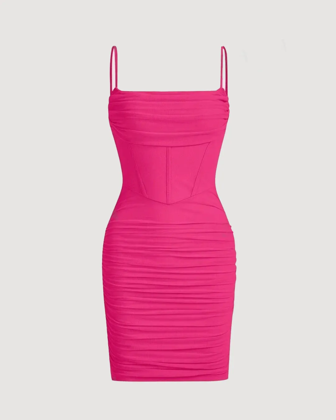 Ruched Mesh Cami Summer Short Bodycon Dress In Hot Pink