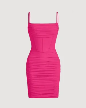 Ruched Mesh Cami Summer Short Bodycon Dress In Hot Pink