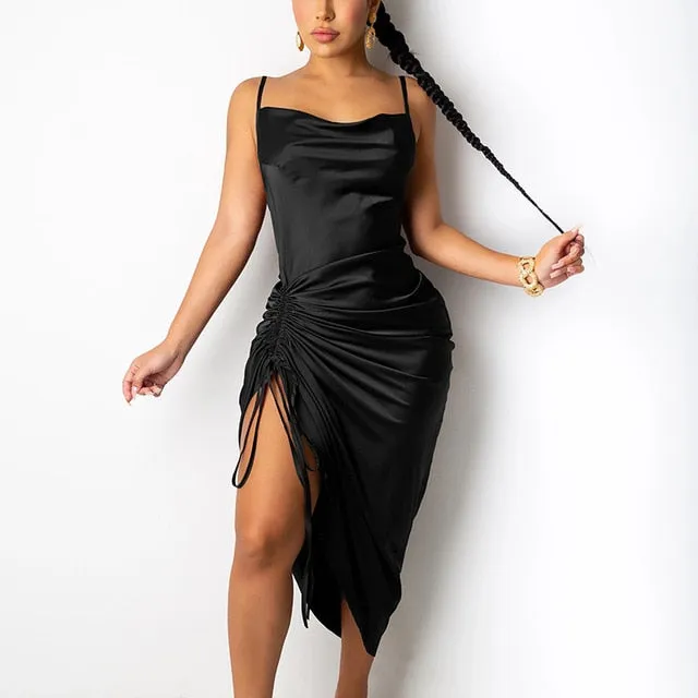 Ruched Satin Cowel Neck Bodycon Dress