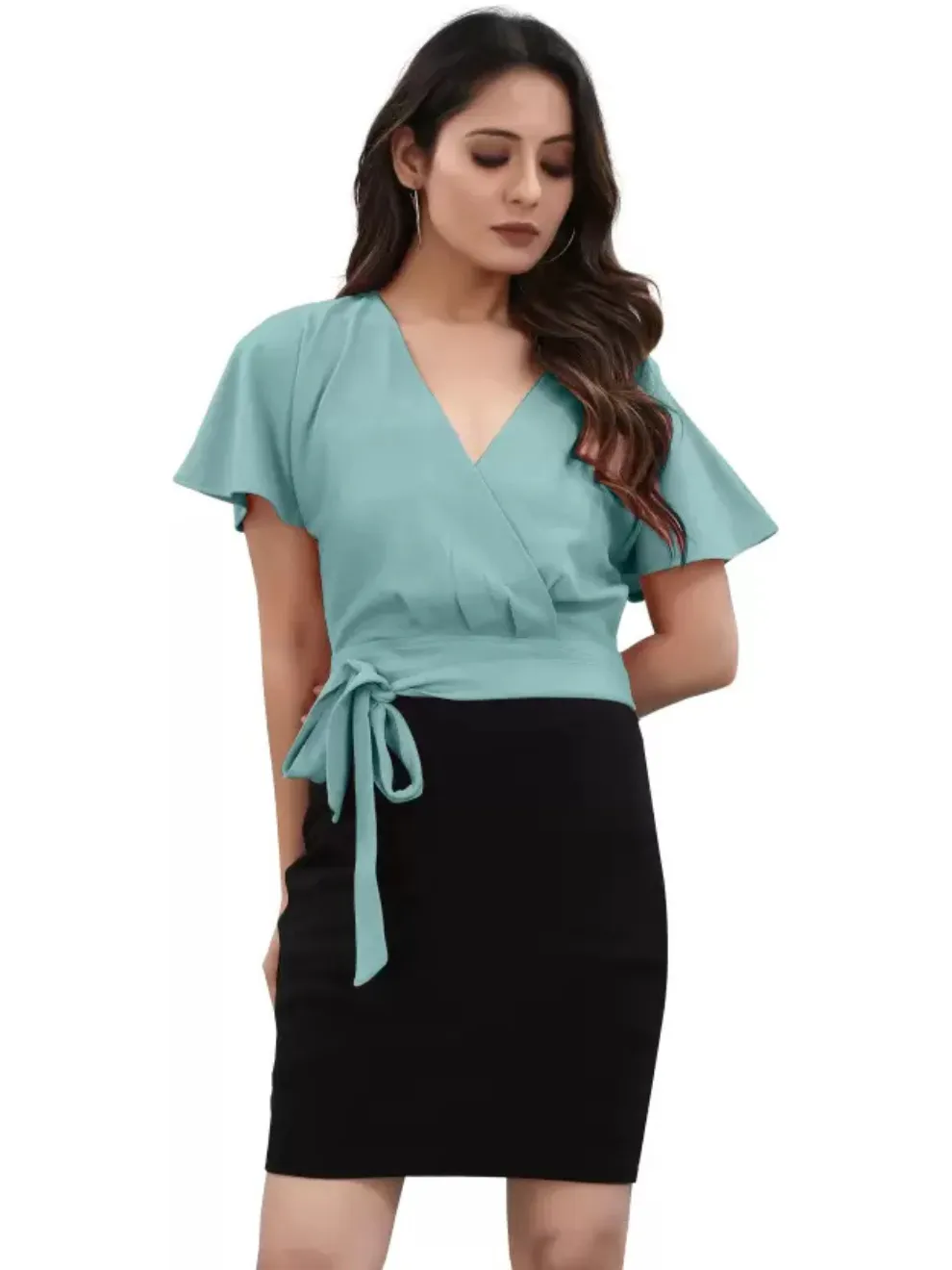 Sea Green V-Neck Bell Sleeve Bodycon Dress