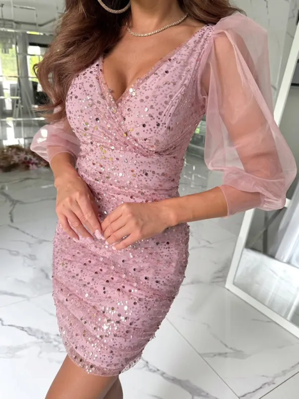 Sequin Bodycon Mini Dress with Tulle Lantern Sleeves