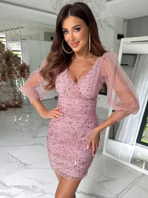 Sequin Bodycon Mini Dress with Tulle Lantern Sleeves