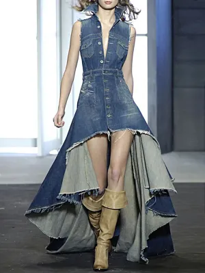 Sexy Blue Distressed Denim Hi Low Dress