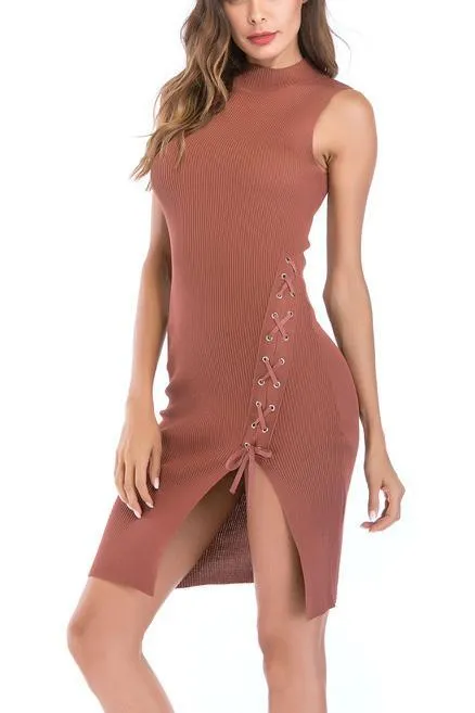 Sexy Slit Blinding Elastic Knit Sleeveless  Bodycon Dress