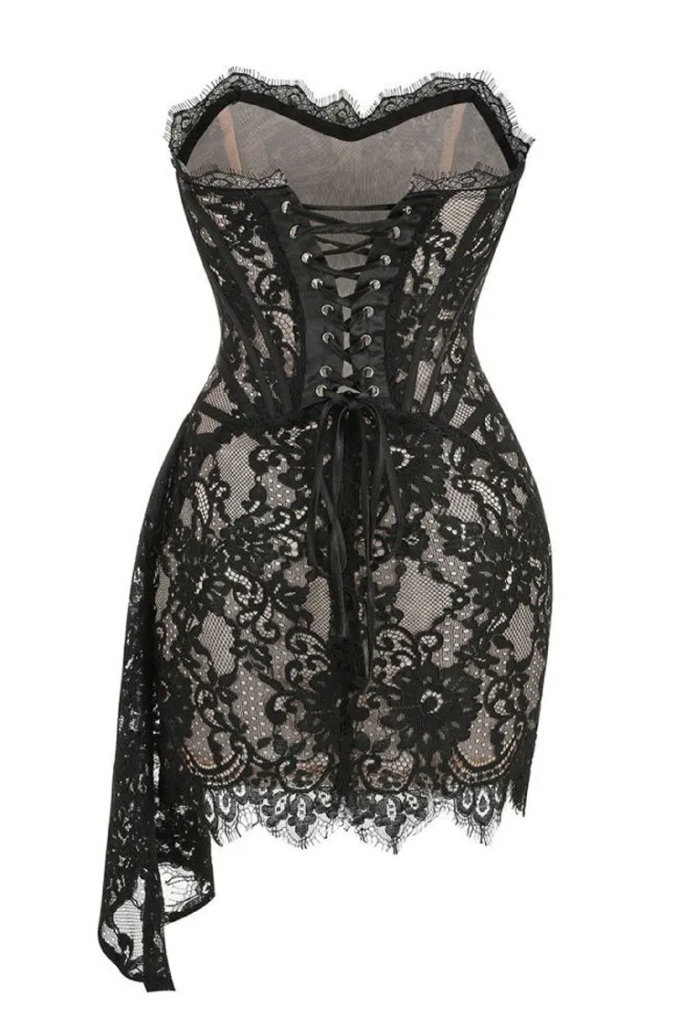 Sexy Sweetheart Neck Ruched Draped Corset Lace Prom Party Mini Dress - Black