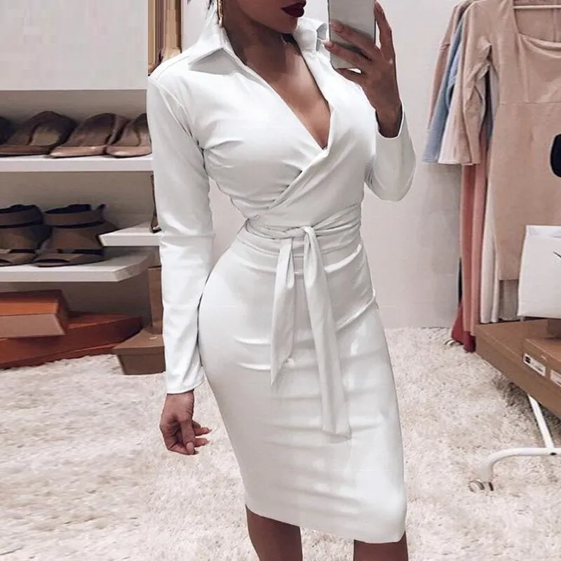 Sexy V-neck PU Leather High Waist Sashes Bodycon Party Club Midi Dress