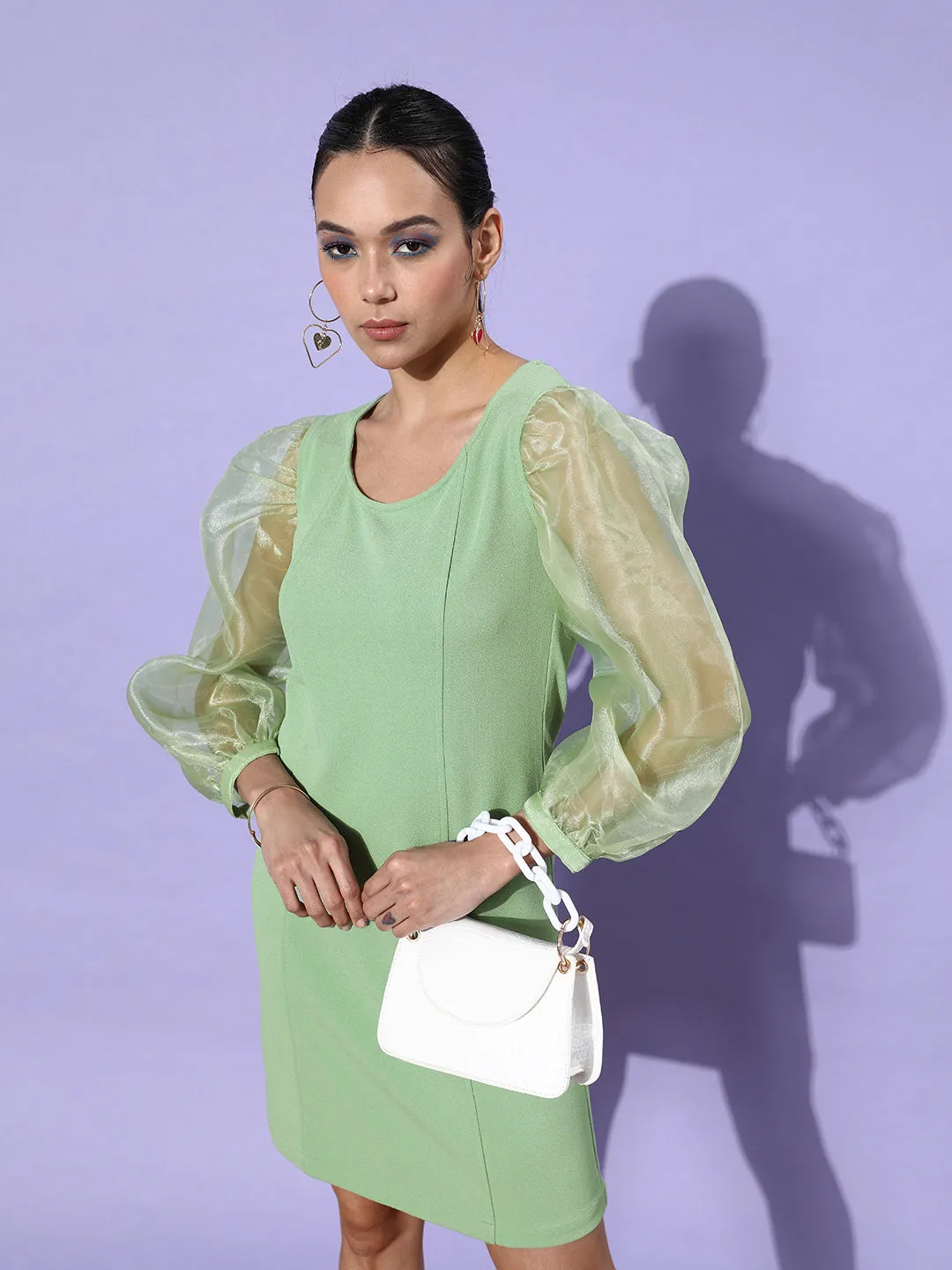 Sheer Green Organza & Polyester Sleeve Bodycon Dress