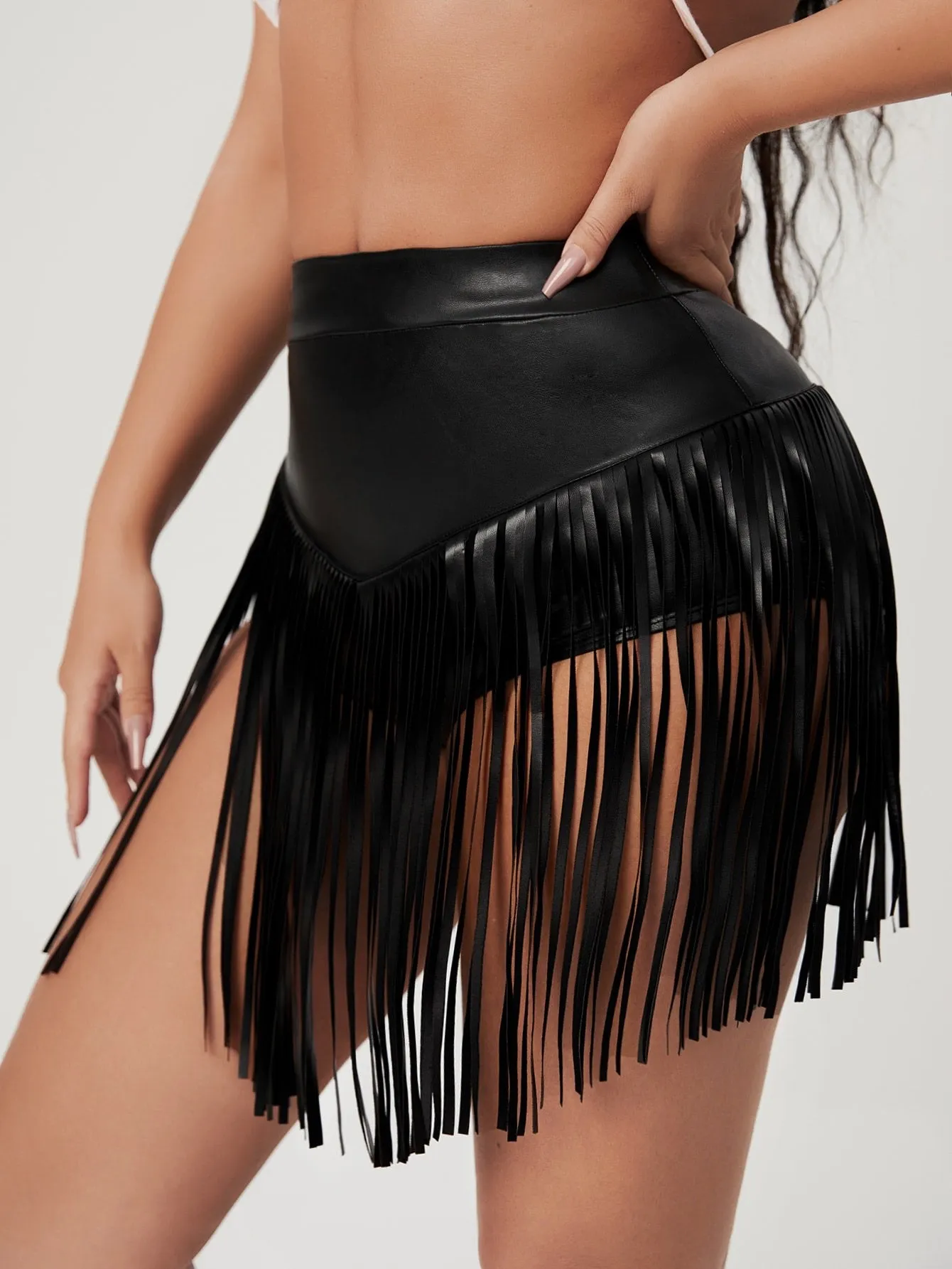 SHEIN SXY High Waist Fringe Trim PU Leather Shorts