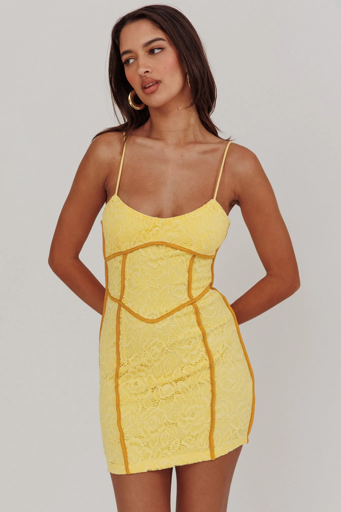 Shenae Piping Trim Mini Dress Lace Yellow