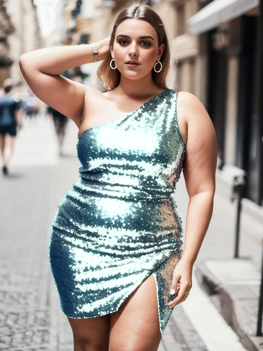 Shiny One Shoulder Sequin Bodycon Sleeveless Homecoming Dress