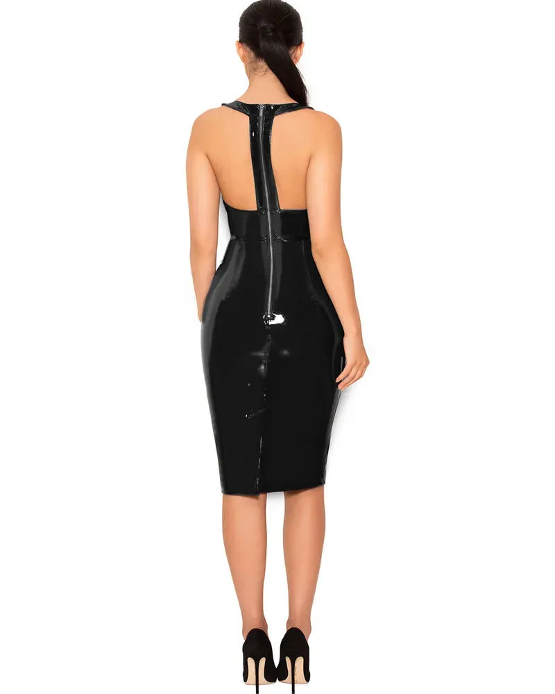 Shiny Vinyl Sleeveless Midi Bodycon Dress With Back Zip