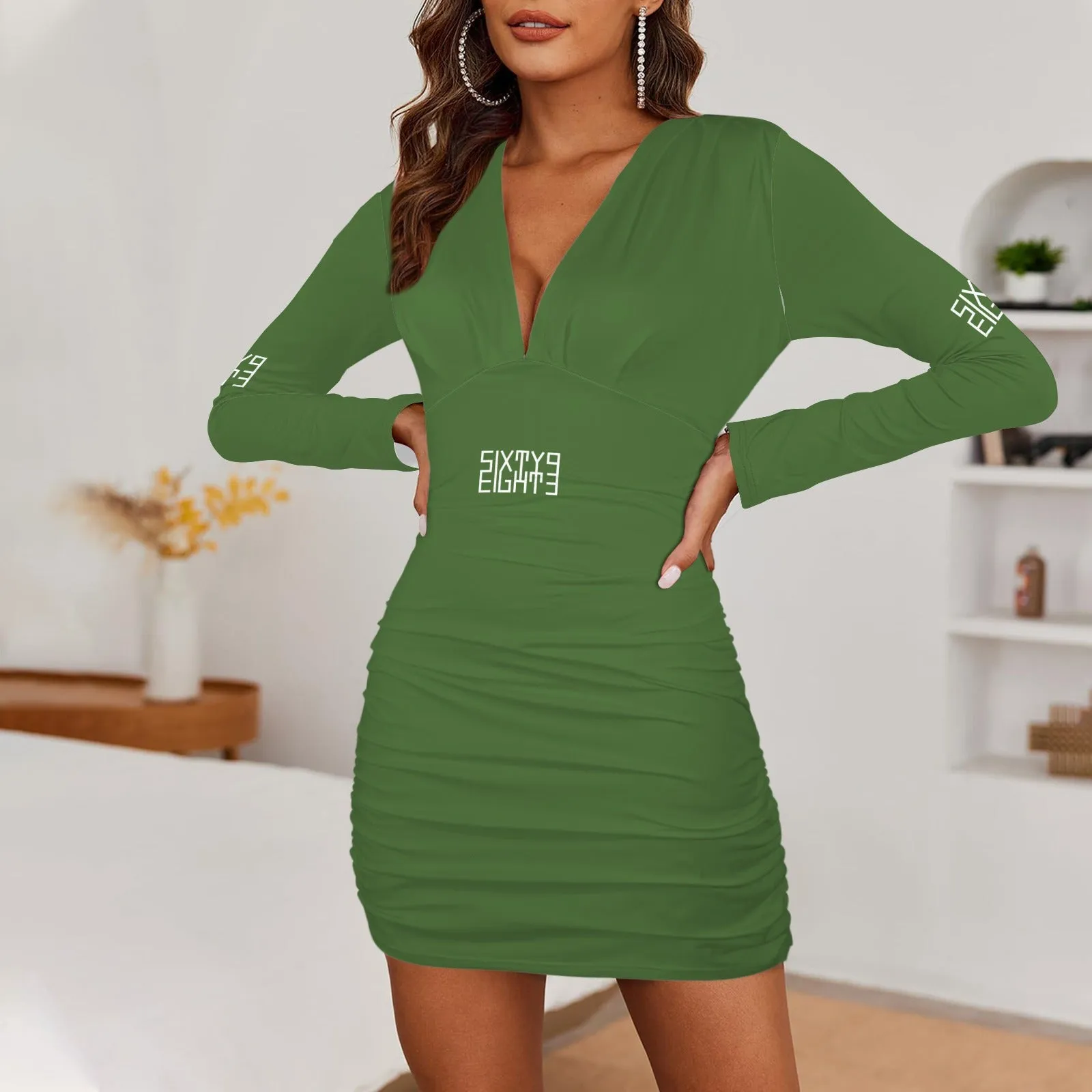 Sixty Eight 93 Logo White Long Sleeve Deep V-Neck Ruched Bodycon Dress II