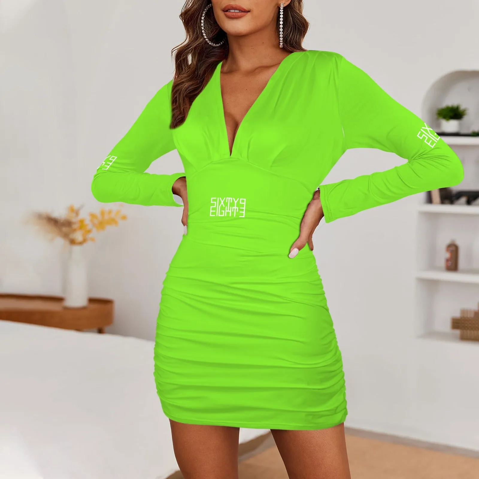 Sixty Eight 93 Logo White Long Sleeve Deep V-Neck Ruched Bodycon Dress II