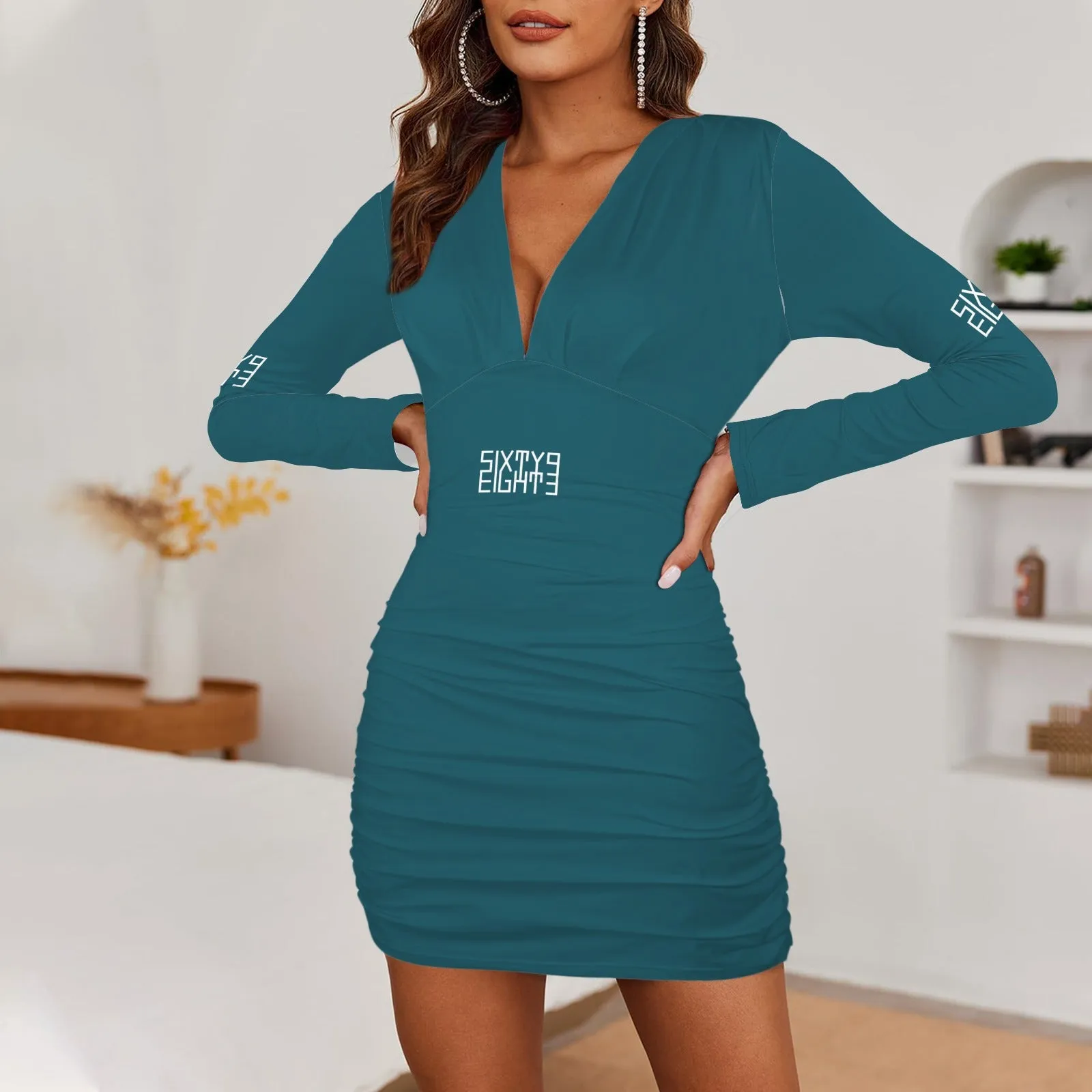 Sixty Eight 93 Logo White Long Sleeve Deep V-Neck Ruched Bodycon Dress II