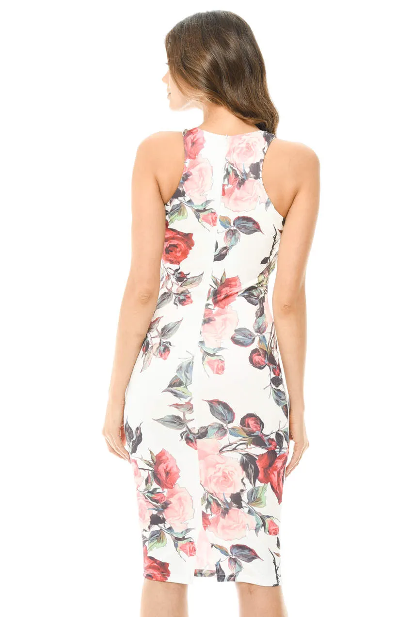 Sleeveless Bodycon Midi Dress with Rose Print