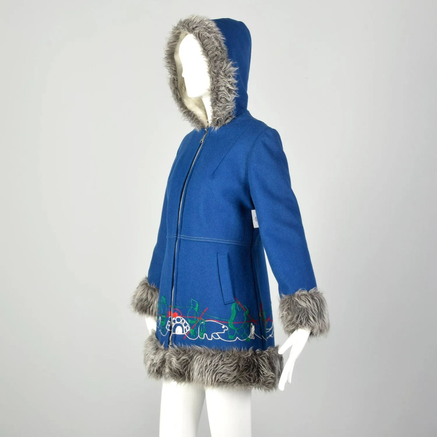 Small 1960s Mod Blue Novelty Coat Faux Fur with Inuit Embroidery