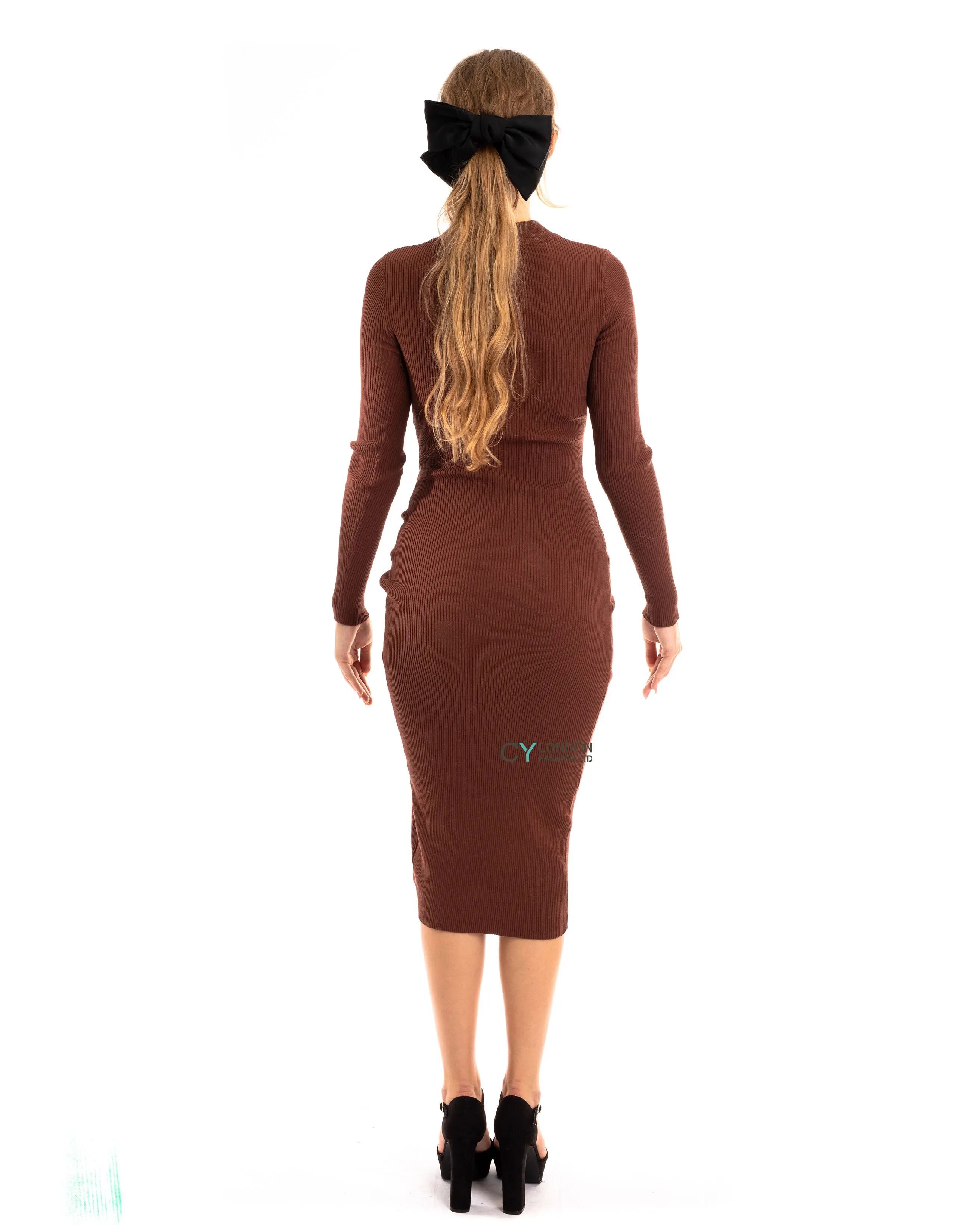 Soft Knitted Ribbed Midi Bodycon Side Split Tie up design Dress In Brown