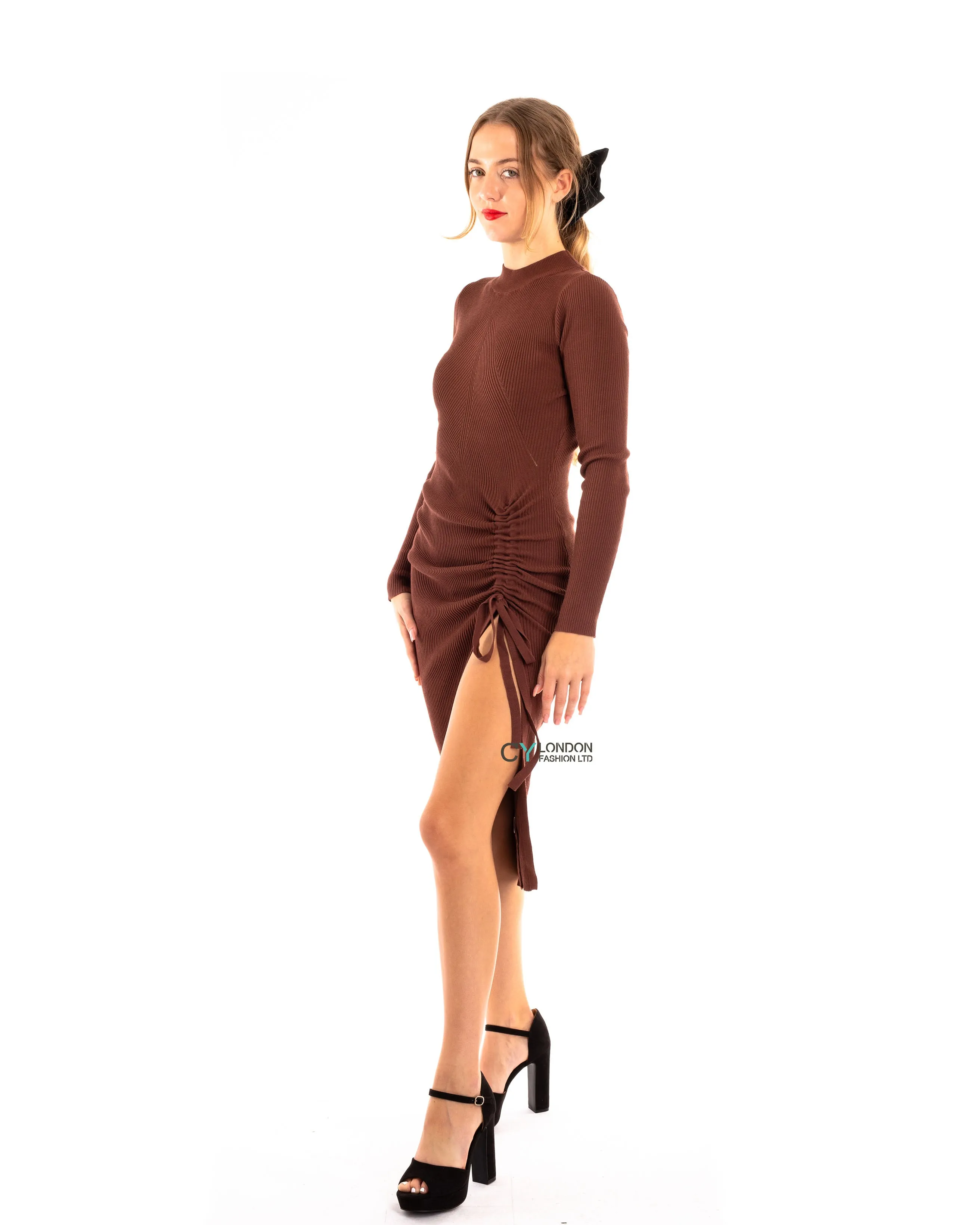 Soft Knitted Ribbed Midi Bodycon Side Split Tie up design Dress In Brown