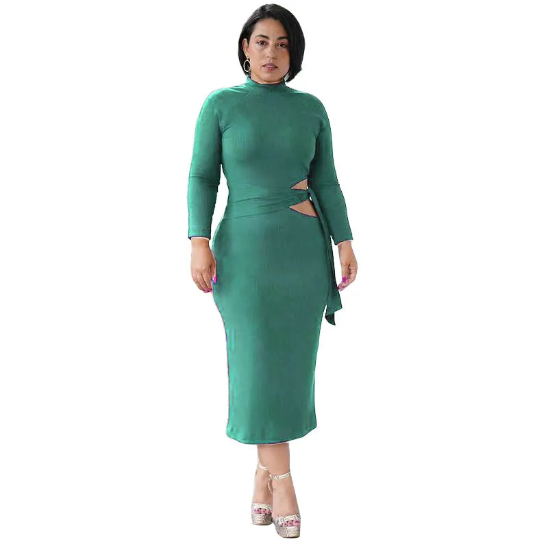 Solid Color Long Sleeve High Waist Hollow Tight-Fitting Mid-Length Dress