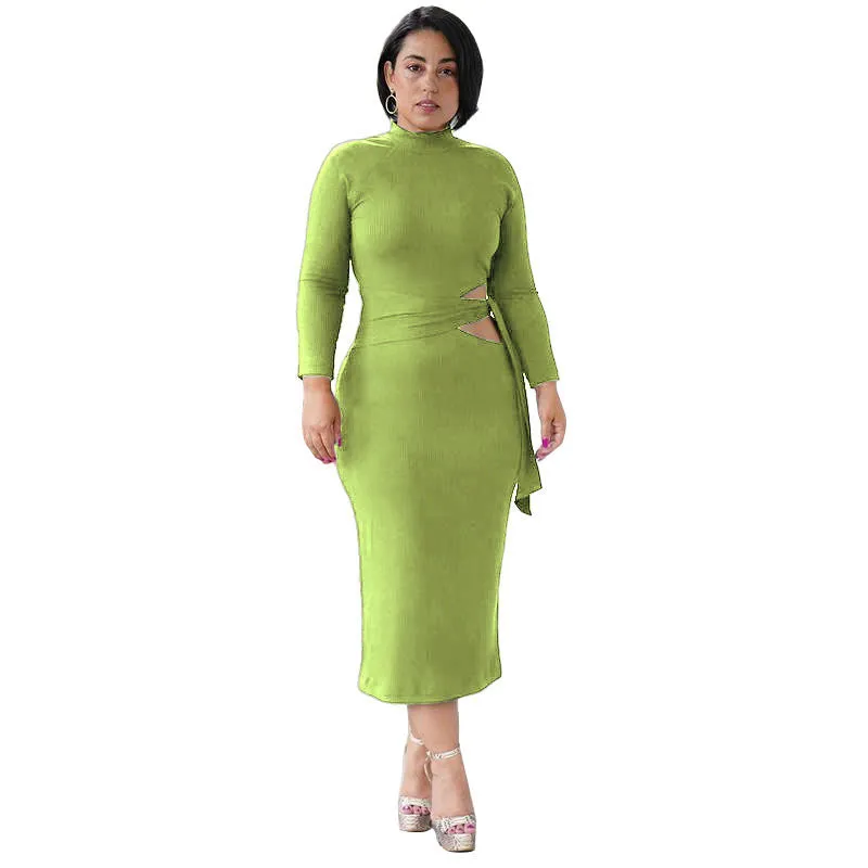 Solid Color Long Sleeve High Waist Hollow Tight-Fitting Mid-Length Dress