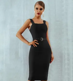 Spaghetti Strap Belt Midi Bodycon Dress for Women