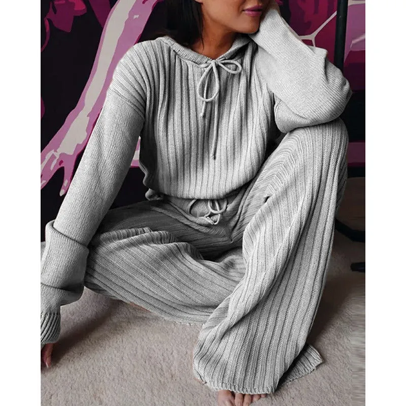 Spring Autumn Knitted Hoodie Pullover Trousers 2-piece Set