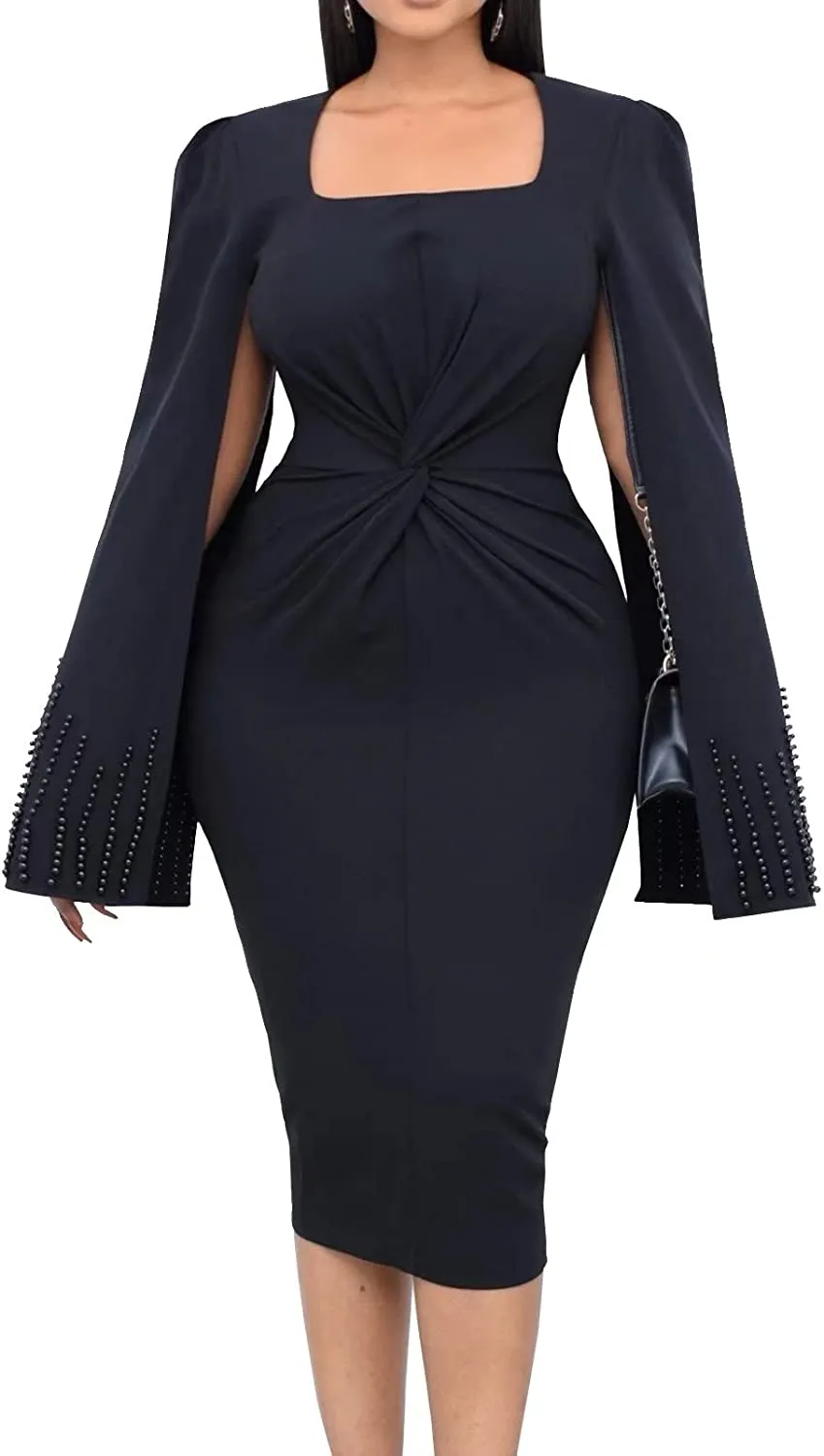 Square Neck Loose Sleeve Bodycon Pencil Dress