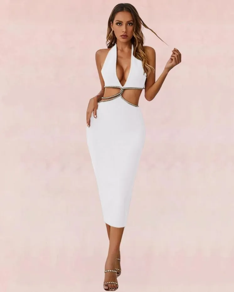 Starry Glam Bandage Midi Dress - White