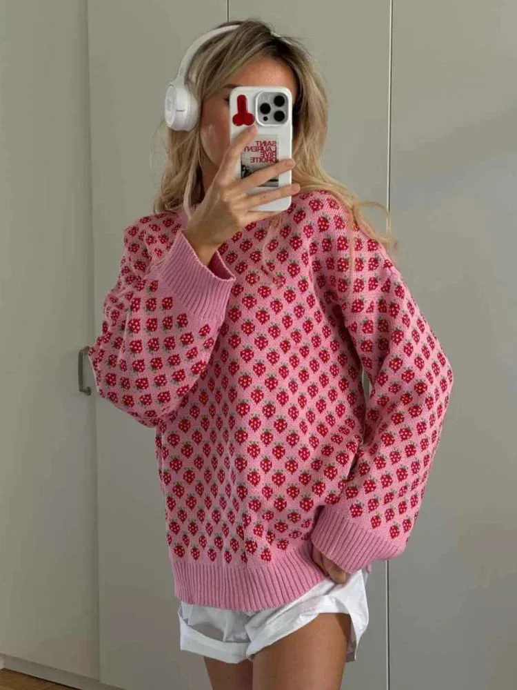 Strawberry Knit Oversized Sweater for Women