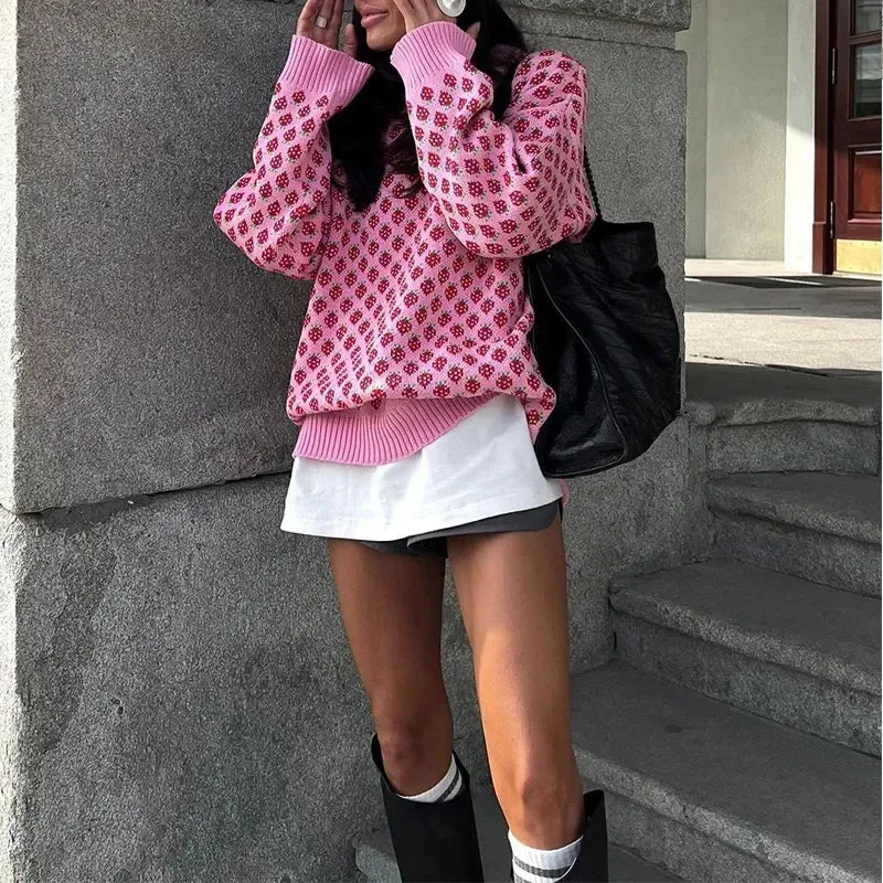 Strawberry Knit Oversized Sweater for Women