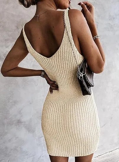 Summer Ribbed V Neck Sleeveless Bodycon Mini Dress - Cream