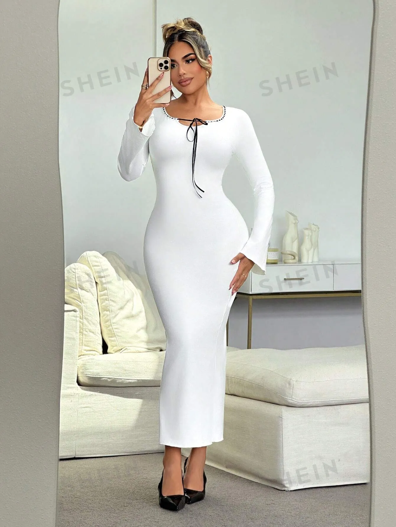 SXY Women's Contrast Color Panel Front Tie Long Sleeve Fitted Midi Dress