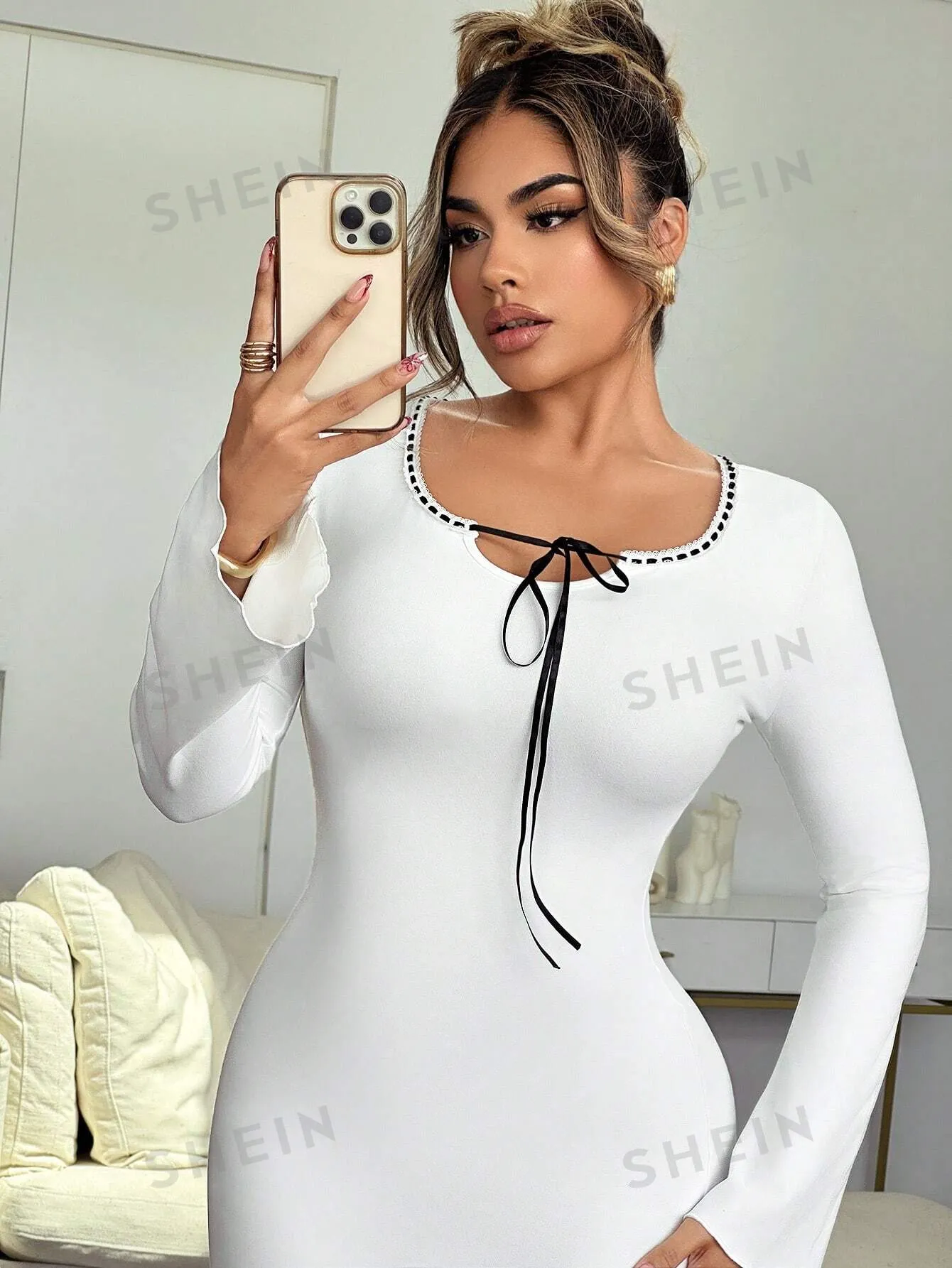 SXY Women's Contrast Color Panel Front Tie Long Sleeve Fitted Midi Dress