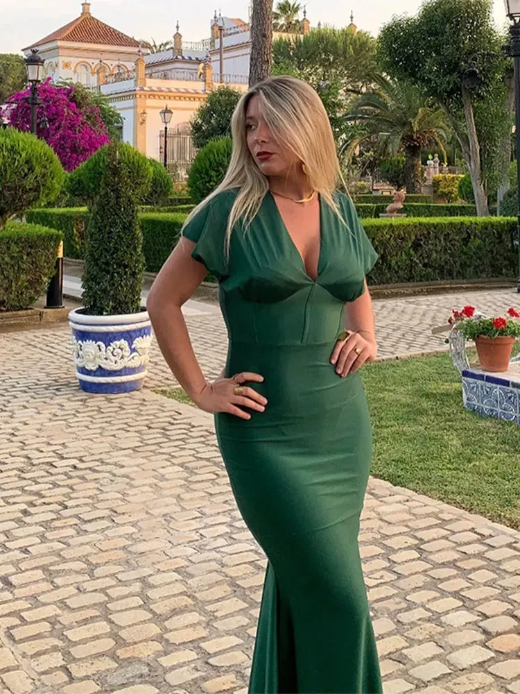 TAVIMART  -  Elegant Green Women Maxi Dress Fashion V-neck Short Sleeve Bodycon Dresses 2024 Summer Female Solid Chic Party Evening Robes